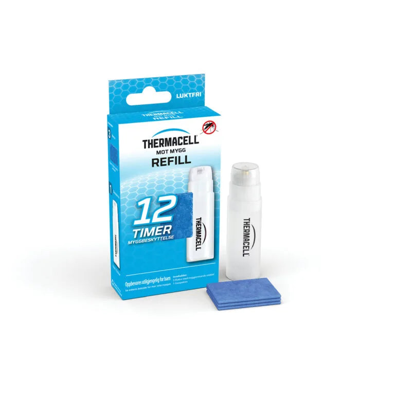Thermacell R1 refillpakke for 12 timers beskyttelse mot mygg. Esken inneholder 1 gasspatron og 3 blå myggmatter