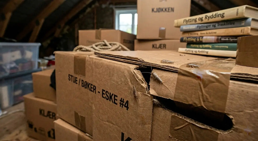 Nærbilde av to små, grå og vingeløse skjeggkre med lange antenner og haletråder, som kryper langs kanten av en pappeske.