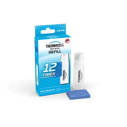 Thermacell R1 refillpakke for 12 timers beskyttelse mot mygg. Esken inneholder 1 gasspatron og 3 blå myggmatter