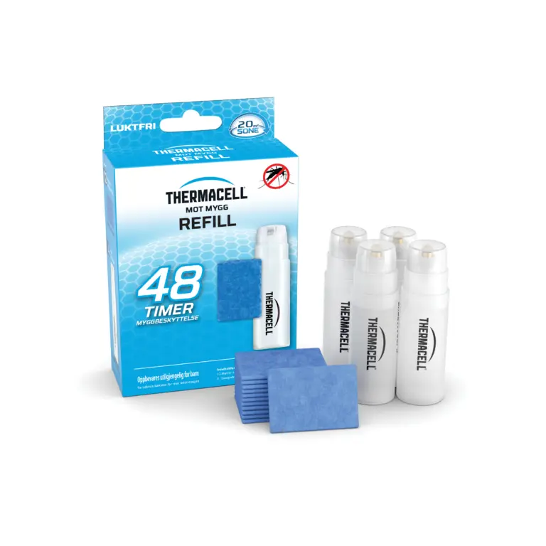 Thermacell R4 refillpakke for 48 timers beskyttelse mot mygg. Esken inneholder 4 gasspatroner og 12 blå myggmatter